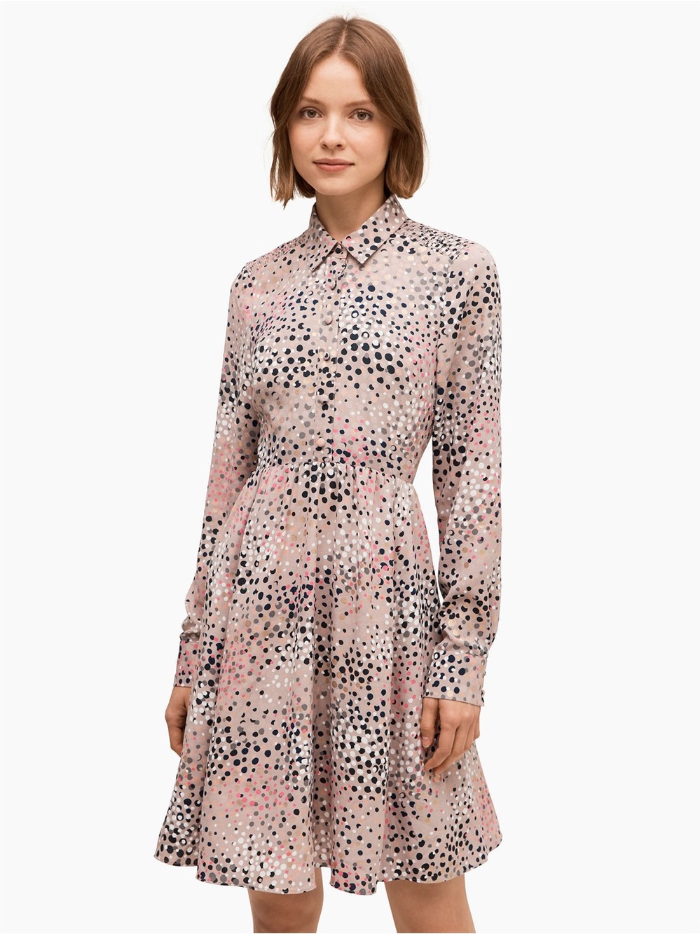 NWOT Kate Spade Soiree Polka Dot Smocked A-Line Midi Shirt Dress Pink Gray 8 New